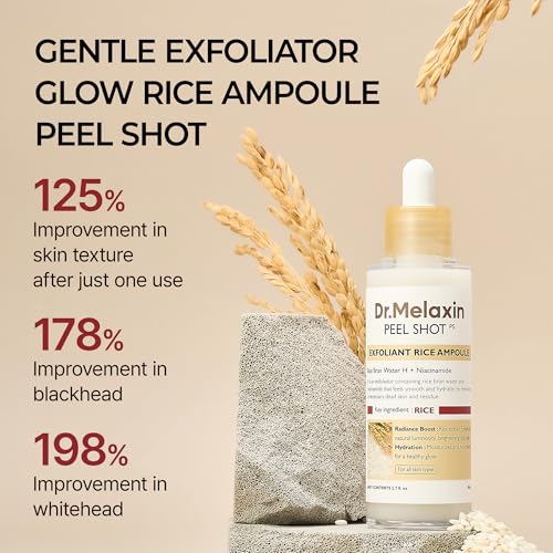 Dr.Melaxin Peel Shot Glow White Rice Peeling Ampoule with Rice Extract & AHA BHA, Brightening & Gentle Exfoliating Serum for Sebum Control, Niacinamide & Hyaluronic Acid, Korean Skincare, 2.71 fl.oz