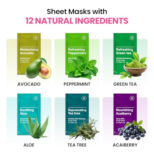 GLAM UP Korean Facial Sheet Mask 12 Pack – Hydrating Glass Skin Face Masks, Korean Skincare for Sensitive & Dry Skin, Easter Gifts, Teen Girl Gifts, Stocking Stuffers for Women, Spa Gift Set