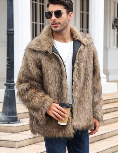 Gihuo Faux Fur Coat Winter Jackets for Men Mens Winter Coats Faux Fur Jacket Warm Fluffy Furry Trench Fake Fur Jacket (Brown-M)