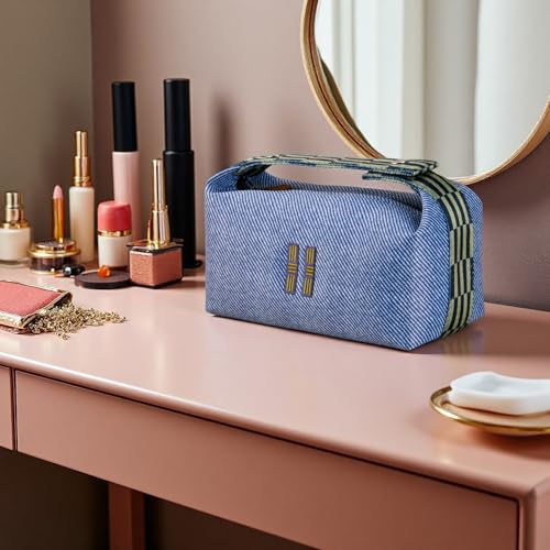Sluxa NEW Makeup Bag - Her Inspired, Stylish, Lightweight, and Practical, Luxury Craft Travel Toiletry Bag for Daily Use & Travel Essentials, Easy Carry & Neat Storage (Blue)