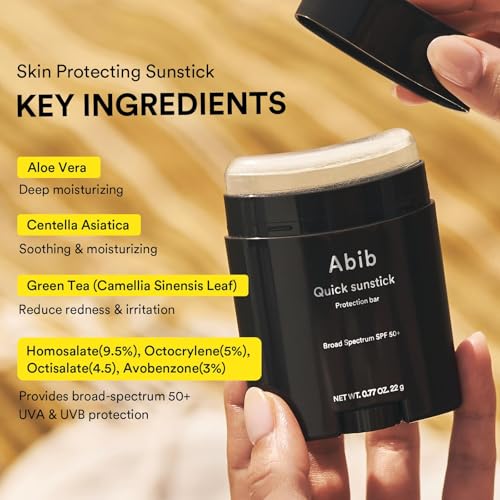 Abib Quick Sunstick Protection Bar SPF50+ Broad Spectrum, Glowy Sunscreen Stick for Dry & Sensitive Skin, No White Cast, With Centella & Aloe, Korean Sunscreen, 0.77 oz / 22 g