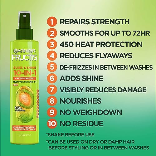 Garnier Fructis Sleek & Shine 10-in-1 Leave In Conditioner Spray for Dry, Frizzy Hair, Heat Protectant Up to 450F with Argan Oil & Plant Keratin, Provides Flyaway and Frizz Control, 8.1 Fl Oz