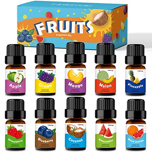 Fruity Fragrance Oil, Holamay Premium Fruit Essential Oils for Diffuser, Candle Soap Making Scents, 10x5ml, Coconut, Strawberry, Mango, Pineapple, More Home Diffusers Oil Scents, Summer Oils Gift Set
