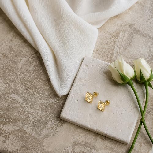 Real 14k and 10K solid Yellow Gold Tiny Stud Earrings with Screw back for Women And Men for Sensitive ears Small & Minimalist Studs Jewelry for Gifts(Diamond Cut Square earrings)