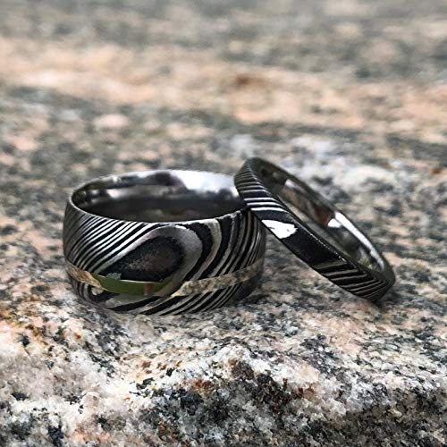 Matching Damascus Rings with 14k White Gold Inlay and Woodgrain Finish