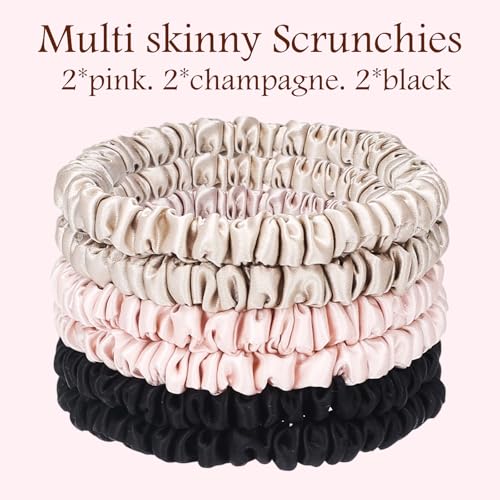 chezlena100% Silk Scrunchies for Women -No Crease & No Damage Hair Ties | Reduces Frizz, Gentle Elastic,Blackpinkchampagne, Pack of 6