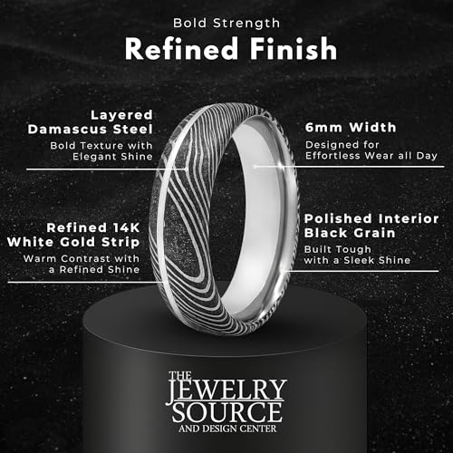 6mm Damascus Steel Men’s Wedding Band with 14K White Gold Inlay – Comfort Fit Ring – Textured Black Grain – Unique Handmade Look (15)