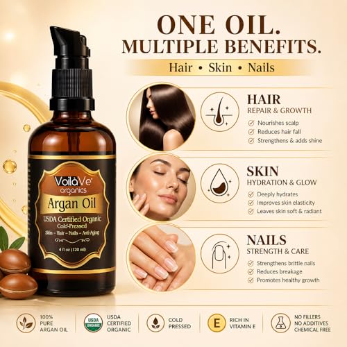 VoilaVe USDA Pure Organic Moroccan Argan Oil for Skin, Nails & Hair Growth, Anti-Aging Face Moisturizer, Cold Pressed, Hair Moisturizer, Rich in Vitamin E, As Seen On TV - 4 fl oz