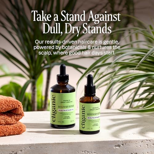 Cliganic Rosemary Oil for Hair & Scalp - Biotin & Jojoba Infused Repair Serum to Smooth & Soften Frizzy, Dry, Damaged Hair, Split Ends. Promote Fuller-Looking Hair, 2 Fl Oz