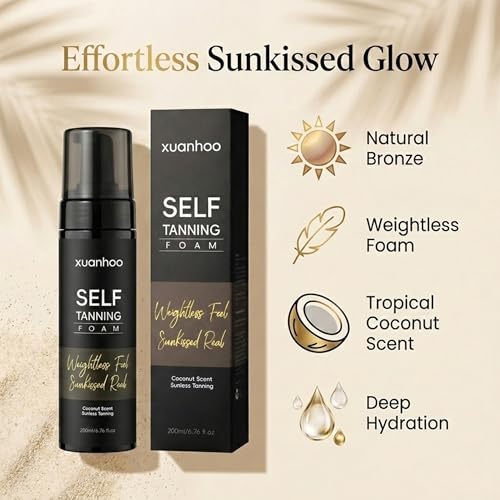 Self Tanning Mousse,Vegan Express Self Tanner,Sunless Tanner,Streak Free,Fast Drying&Moisturizing,Quick Natural Golden Tan for All Skin Types,200ml/6.7 fl oz