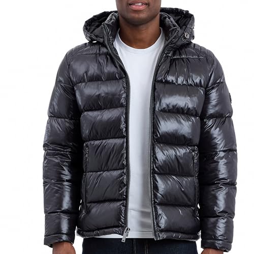 Michael Kors Mens Shine Hooded Puffer Jacket, Heavy Winter Jackets for Men, Water Resistant, Black, X-Large