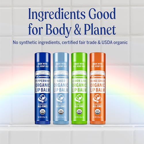 Dr. Bronner's - Organic Lip Balm Variety Peppermint, Orange Ginger, Naked, Lemon Lime) - Made with Organic Beeswax and Avocado Oil, For Dry Lips, Hands, Chin or Cheeks, 0.15 Ounce (Pack of 4)