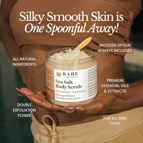 Bare Botanics Coconut Coffee Body Scrub 24oz | Made in Madison, WI | All Natural Sea Salt Exfoliator w/ Skin Loving Moisturizers | Vegan & Cruelty Free | Gift Ready Packaging w/ a Cute Wooden Spoon