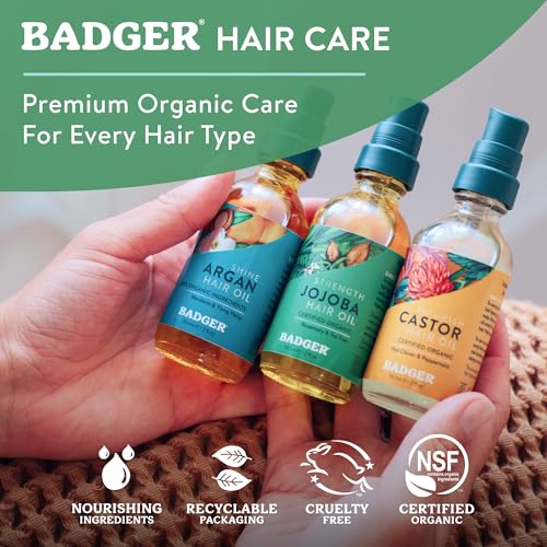 Badger Organic Jojoba Hair Oil & Dry Scalp Treatment, Soothing & Moisturizing Itchy Dry Scalp Oil, Rosemary Hair Oil, Organic Jojoba Oil Hair & Scalp Moisturizer, 2 fl oz Glass Bottle