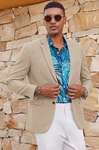 COOFANDY Men's Casual Blazer Slim Fit Linen Sport Coat Lightweight Two Button Suit Jacket Khaki
