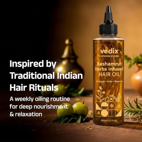 Vedix Keshamrut Herbs Infused Ayurvedic Hair Oil With Bhringraj, Amla & Rosemary I Control Hair Fall & Boost Hair Growth I 16+ Whole Herbs, Leaves & Flowers I No Mineral Oils & Chemicals (Pack of 3)