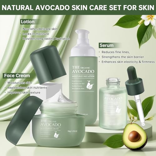 Avocado Skin Care Set, Skincare Gifts Kits For Hydrating Skin, Anti Aging Facial Kit For Women With Facial Cleanser, Toner, Face Serum, Lotion, Face Cream, Eye Cream. (6 Pieces)