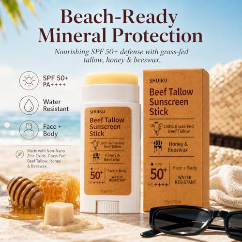 Beef Tallow Sunscreen Organic Stick SPF 50 – Non Nano Zinc Oxide Tallow-Based Mineral Sunscreen with Honey & Beeswax for Face & Body, Water-Resistant Natural Sunblock, 0.53 oz