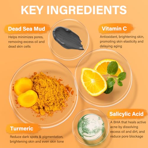 Facial Clay Mask Set - Vitamin C Turmeric Face Mask, Dead Sea Mud & Salicylic Acid (BHA) Mask for Pore Cleansing, Brightening, Blackheads & Dark Spots, Face Masks Skincare Gift for Women, 2.82 oz each