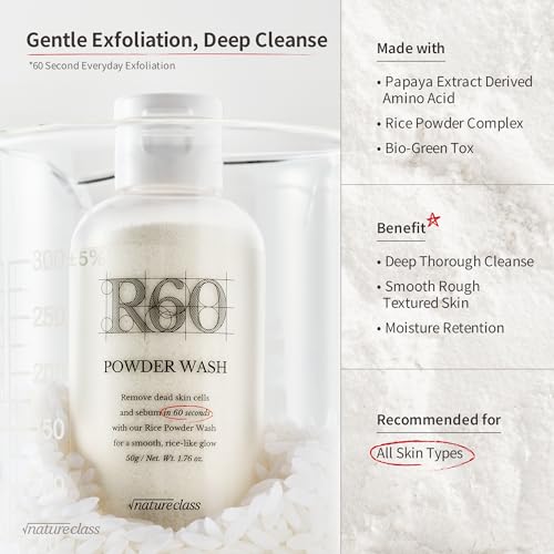 NATURECLASS R60 Rice Enzyme Face Wash Powder – Exfoliating Facial Cleanser with Rice Bran Extract, Gentle Powder Wash for Sensitive Skin, Deep Pore Care, Korean Skin Care, Fragrance Free, 1.76oz