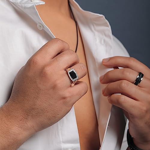 Gem Stone King 4.51 Cttw Black Onyx and White Lab Grown Diamond Ring For Men | 925 Silver and 10K Yellow Gold | Emerald Cut 11X8MM| Size 10