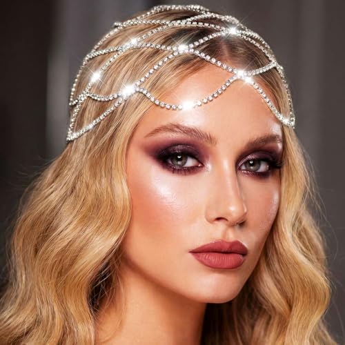 CAKURE Rhinestone Head Chain 1920s Flapper Cap Roaring 20s Headpiece Sparkly Hair Accessories for Women (a-silver)