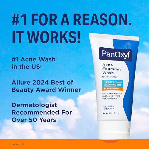 PanOxyl 10% Benzoyl Peroxide Acne Foaming Wash, Maximum Strength, Daily Acne-Fighting Face and Body Cleanser, Face Wash to Clear, Treat and Prevent Acne Pimples and Stubborn Breakouts, 5.5 Oz Tube