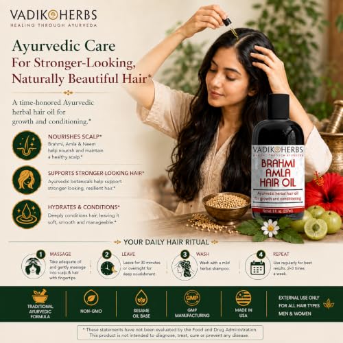 Vadik Herbs Brahmi Amla Hair Oil (8 oz) Ayurvedic herbal hair growth oil and hair conditioning oil with Rosemary Oil | Great for hair loss, balding, thinning, for beard growth,scalp treatment