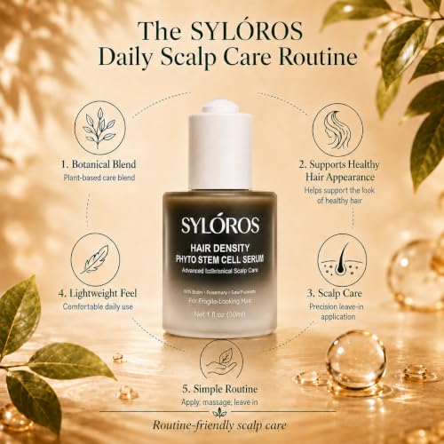 SYLOROS Hair Density Serum, Phyto Stem Cell Scalp Care with Rosemary, Biotin, Caffeine & Saw Palmetto, Leave-In Formula for Fuller-Looking Fine Hair, Lightweight Non-Greasy, 1 Fl Oz
