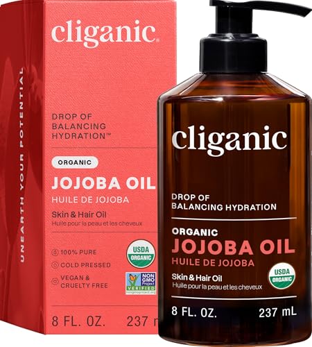 Cliganic Organic Jojoba Oil, 100% Pure (8oz) | Moisturizing for Face, Hair, Skin & Nails | Natural Cold Pressed Hexane Free | Base Carrier Oil