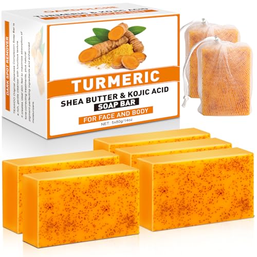 OAKDOLCHE 5 Pcs 80g Turmeric Kojic Acid Soap Bars with 2 Foaming Mesh Nets