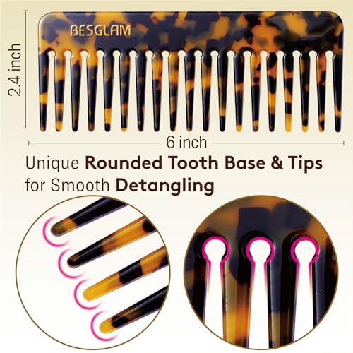 BESGLAM Wide Tooth Comb for Curls & Thick Hair - Large Detangling Comb for Women, 6 Inch Full-hand Length Acetate (Anti-Static), Wet/Dry Use, Reduces Breakage, 2 Pack (Tortoise & Tokyo)