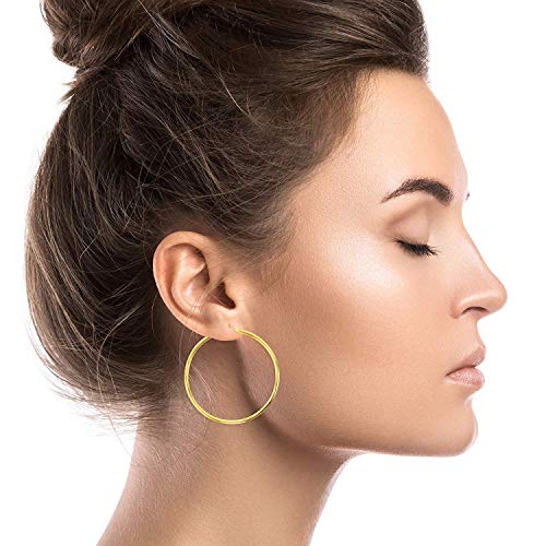 10K Yellow Gold Solid Polished Round Hoop Earrings for Women | 2mm Thick | Classic Style | Round Hoop Earrings | Secure Click-Top | Shiny Polished Earrings for Women, 2x70mm
