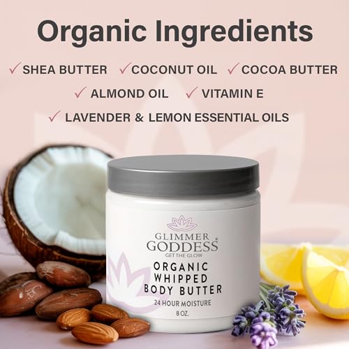 Glimmer Goddess Organic Whipped Body Butter for Women - Moisturizer Cream with Shea & Cocoa Butter, Almonds & Coconut Oil - Unscented, 8oz
