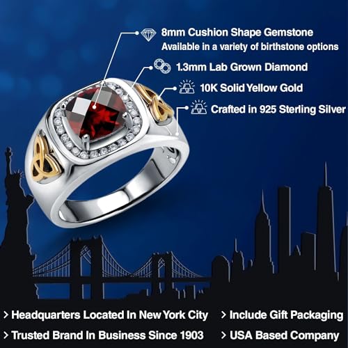 Gem Stone King Men's 925 Silver and 10K Yellow Gold Red Garnet and Lab Grown Diamond Ring | 2.76 Cttw | Cushion Checkerboard 8MM | Gemstone Birthstone | Size 11