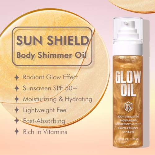 Body Glow Oil, Broad Spectrum SPF 50, Glitter Shimmer Sunscreen Body Oil Lotion with Sequin Mica, Lightweight Non-Sticky Moisturizer with Coconut, Skin Illuminator Glowing Results (01# Golden Amber)