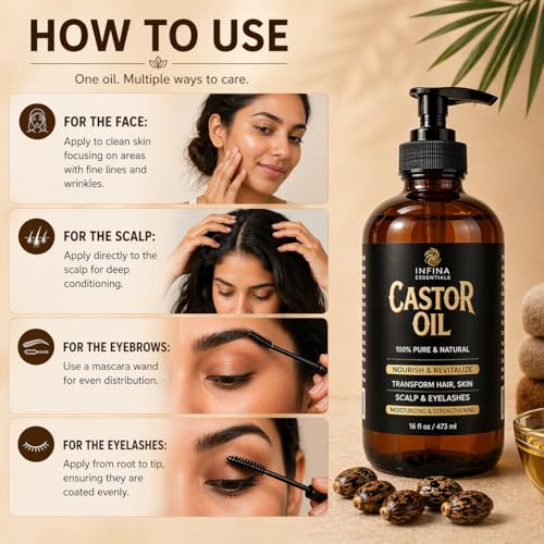 Pure Cold Pressed Castor Oil, Hexane Free Glass Bottle Unrefined, 16 fl oz