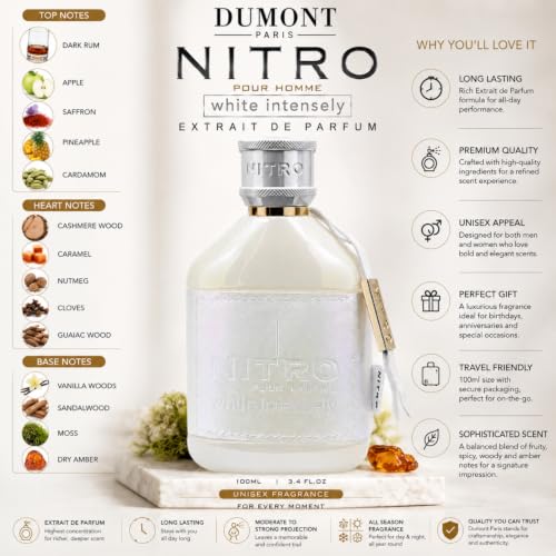Dumont Nitro White Intensely Extrait De Parfum 3.4 Fl Oz (100ml) – Long Lasting Unisex Perfume Warm Spicy Woody Fragrance with Rum, Apple, Vanilla & Amber