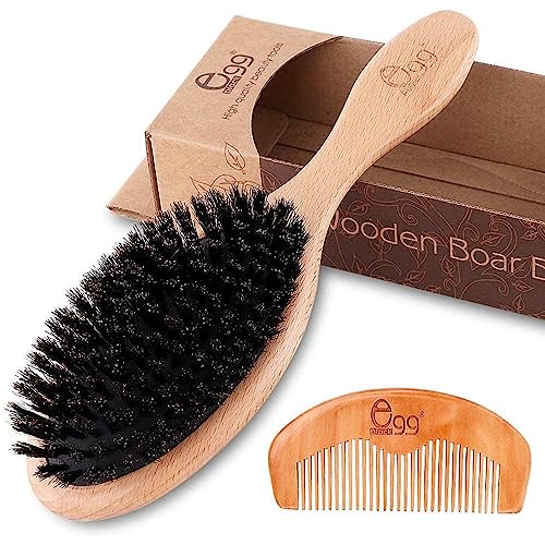 BLACK EGG Boar Bristle Hair Brush for Women Men Kid, Soft Natural Bristles Brush for Thin and Fine Hair, Restore Shine and Texture, Set includes Bamboo comb and 3 hair ties, Excellent Gift Idea