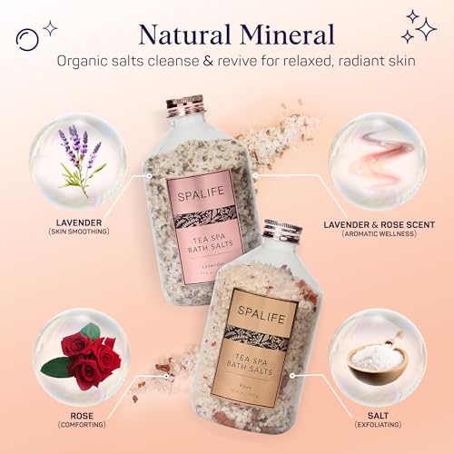 SpaLife Effervescent Rose & Lavender Bath Salts for Women Relaxing | All Natural Aromatherapy Dead Sea Salt Bath Soak Duo | Real Flower Petals for Relaxing Mineral Baths | 2-Pack (35.2 oz)