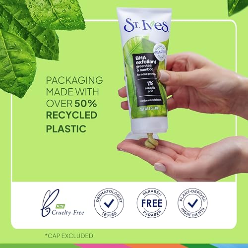 St. Ives Blackhead Clearing Face Scrub, Clears Blackheads & Unclogs Pores, Green Tea & Bamboo, Salicylic Acid Acne Treatment Facial Scrub, Moderate Exfoliator Skin Care with Natural Exfoliants 6 oz