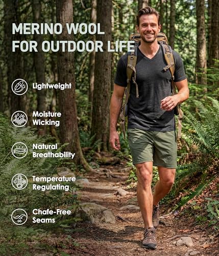 SUNCHIRI 2 Pack Merino Wool T Shirts for Men, Merino Wool V-Neck 100% Wool Base Layer, Breathable Undershirt for Travel, Fitness(Darkgrey, L)