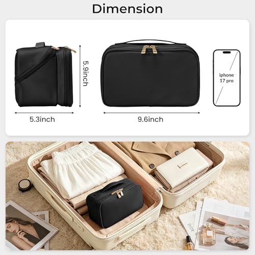 HauteHues Travel Makeup Bag for Women, Large Capacity Cosmetic Organizer & Toiletry Bag with Wide-Open Design, with Brush Holders & Compartments, Waterproof Case for Makeup & Skincare, Black