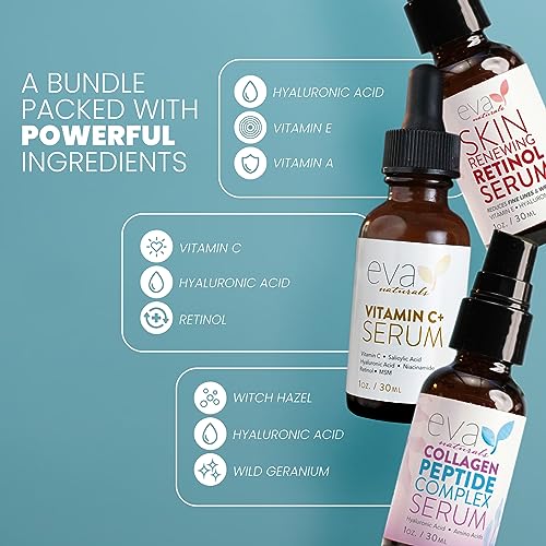 Eva Naturals Trifecta Face Serum Set – Retinol, Vitamin C & Peptides with Hyaluronic Acid & Niacinamide – Anti-Aging Skincare Bundle for Women – Collagen Boosting, Wrinkle & Spot Treatment