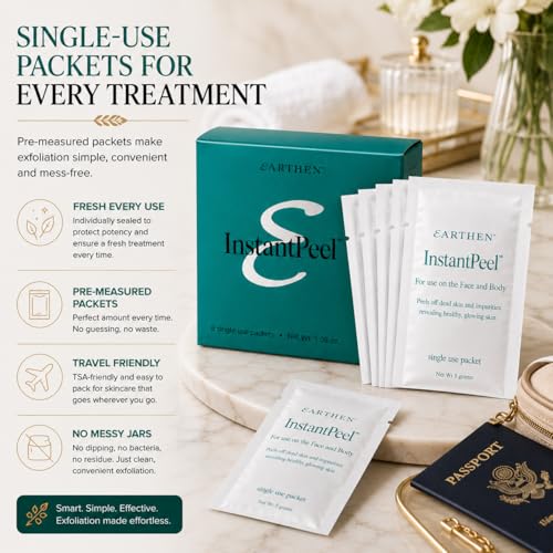 Earthen Instant Peel Exfoliating Packets – Gentle Face & Body Exfoliator for Smooth, Glowing Skin – Removes Dead Skin Cells Without Harsh Acids – Single Use Treatment, 6 Count