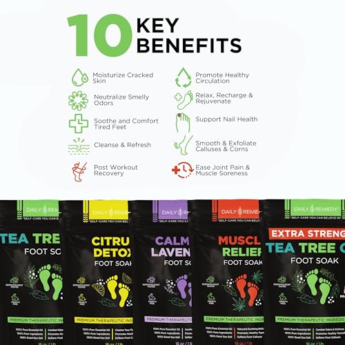 DAILY REMEDY Foot Soak Salts- Variety Pack of 4- Tea Tree Oil, Muscle Relief, Calming Lavender & Citrus Soak- For Foot Pain, Soreness, Athlete’s Foot, Odors, Calluses-Made In USA