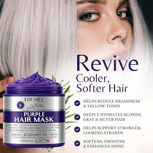 EDENIKA BOTANICALS Rosemary Purple Hair Mask Deep Conditioner with Biotin & Keratin, Reduces Brassiness & Yellow Tones for Blonde, Gray & Silver Hair, Hydrates & Helps Strengthen Hair, Sulfate-Free