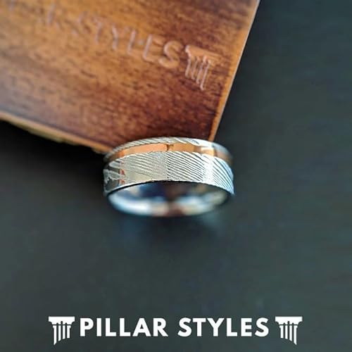 Damascus Rings Mens Wedding Band Silver and Rose Gold Ring 8mm Damascus Steel Ring with Offset 18K Rose Gold Inlay Comfort Fit Sizing Unique Anniversary Gifts for Him