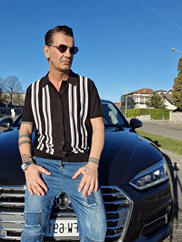 PJ PAUL JONES Mens Short Sleeve Knitted Polo Shirts Vintage Striped Summer Knit Shirt Mens Collared Shirts Short Sleeve Black L