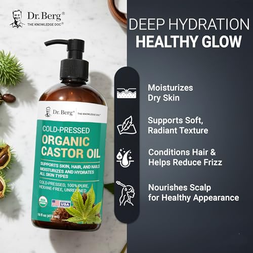 Dr. Berg Organic Castor Oil – 16 fl oz Cold-Pressed Oil – Pure, Unrefined, Single Ingredient – Sourced in India, Bottled in USA – Lab Tested, USDA Organic, Glass Bottle